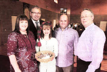 PJ's in Church Day for MS Society. Julie Crawford, Tom Mallon, Sarah Crawford, Alan Crawford and Rev Ed McDaid