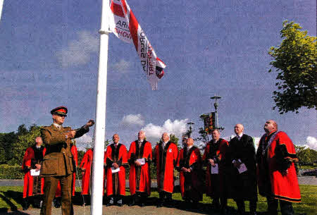 Lieutenant Colonel Jonathan Clarke, Station Commander, Thiepval Barracks, Lisburn, raised the Armed Forces Flag at Lagan Valley Island to mark the beginning of Armed Forces Week nationwide. Also pictured are the Deputy Mayor of Lisburn, Alderman William Leathem; Mr Norman Davidson, Chief Executive and Elected Members of Lisburn City