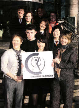 L-R Carmel McCavana, NICE Lisa Dietrich, CRIS; Geraldine Stinton, YMCA; Clara McFarlane, Change makers and Anne Henderson, International Fund for Ireland; with students from participating schools in the Change makers programme; Shannon Gray, Fort Hill Integrated College; Amy Kerr; Friends; Sarah Heath, Priory College; Gillian McPhilips, Malone College; Thomas Graham, St Colm's. Photography by Darren Kidd/presseye.com