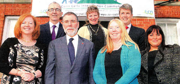 Rosemary Stalker, Chair of Colin Neighbourhood Partnership Board, Kieran Drayne, Project Manager at Colin Neighbourhood Partnership, Nelson McCausland, Minister for Social Development, Dr. Suzanne Zeedyk, Honorary Senior Lecturer in the School of Psychology at the University of Dundee, Annle Armstrong, Manager of Colin Neighbourhood Partnership, Hugh McCaughey, Chief Executive of the South Eastern Health and Social Care Trust and Claire Robinson, Principal of St Luke's Primary School pictured at the Colin Neighbourhood Partnership Early Intervention Launch. US4311-130A0