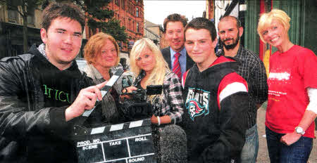 Young filmmaker John Watson from Ballymena, Marian Clark de Monreal, Legacy Trust Programme Co-Ordinator, young filmmaker, Natalie Watson from Lisburn, Paul Reilly, Reporter and Presenter, IN Daybreak Northern Ireland, young filmmaker, Laurence Slater from Lisburn, Tristan Crowe, Northern Visions and Laura Carlisle, Cinemagic, get in the picture at a week long summer television documentary school taking place this week in Belfast. Photo:Aaron McCracken/Harrison Photography