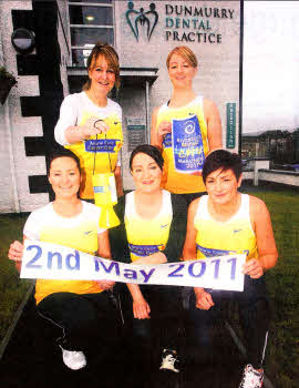 Staff of Dunmurry Dental Practice Debbie McLernon, Tracey Campbell (Back Row), Edel Hughes, Maria Nolan and Joanne Coleman who are taking part in the Belfast City Marathon Team Relay in aid of Marie Curie Cancer Care. US0211-118A0