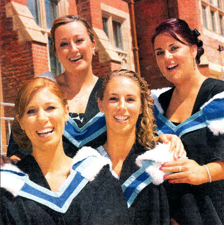 Life-long friends all began jobs at Queen's University and then joined the part-time Business and Management degree at the University- (l-r) Lisa Rutherford, Finaghy; Zelda Dawson, Lisburn; Olwyn Dawson, Lisburn and Claire Wilson, Lisburn all graduated this week.