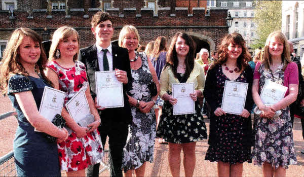 Outside St James's Palace, after receiving their certificates. From left to right: Nadia Wright, Hannah Stewart, Jonathan Allen, Karen Allen (GB Captain), Claire Maze, Christina Colligan and Michelie Pierce.