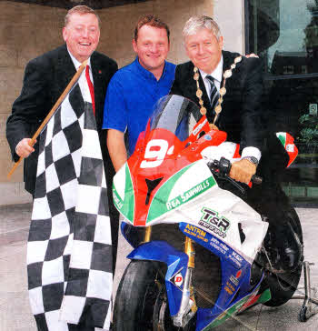 At the launch of the 2011 Ulster Grand Prix at Lagan Valley Island are: (l-r) Alderman Paul Porter, Vice-Chair of the Council's Leisure Services Committee; Stephen Thompson, local motorbike rider and competitor in this year's Dundrod races and the Mayor of Lisburn, Councillor Brian Heading.