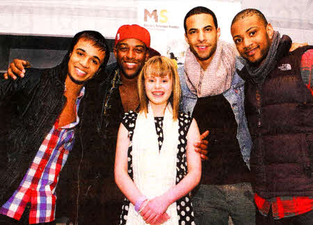 Lisburn girl Sarah Crawford met JLS stars Aston, Oritsé, Marvln and JB at the Odyssey Arena recently. Like pop star Oritsé, Sarah cares for a parent affected by Multiple Sclerosis.