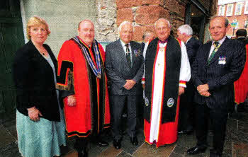 Pictured at the unveiling and dedication of the UDR Memorial event are (l-r) Mrs. Kathleen Leathem; Deputy Mayor, Alderman William Leathem; Colonel Sir Dennis Faulkner CBE, VRD, UD, DL; the Lord Eames, OM and Colonel The Rt Hon The Viscount Brookeborough, DL- Picture by Kelvin Boyes / Press Eye.