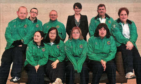 Team Ireland athletes from Co. Antrim, Oliver Magee, William McBride, Roy Surplus, Peter McCord, Pauline Connell, Una McGarry, Barbara Norris, Carole Catling, Jacqueline Gault, with Carolan Lennon, Chief Commercial Officer eircom, at the launch of Team Ireland to participate at the 2011 Special Olympics World Summer Games in Athens- Pic by David Maher/Sportsfile.