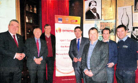 Guest host Jim Fitzpatrick, Business and Economics Editor, BBC Newsline with key speaker Mr Simon Smith, Simon Smith Coaching; Alderman Jim Dillon, Chairman of the Council's Economic Development Committee; and Lisburn Entrepreneurs Network business delegates at the November 2011 LEN event held in Coca Cola, Knockmore Hill, Lisburn.