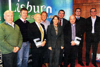 Councillor Jenny Palmer and Alderman Jim Dillon, Chairman and Vice-Chairman of the Economic Development Committee, with local business representatives at the Lisburn Business Showcase 2009-2010.