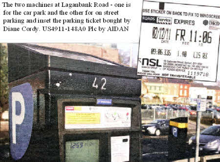 The two machines at Laganbank Road - one is for the car park and the other for on street parking and inset the parking ticket bought by Diane Cordy. US4911-148A0 Plc by AlDAN O'RElLLY