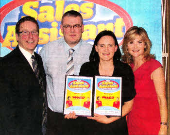 Pictured (L-R): John Clarke, Area Manager at Henderson Retail; Paul Patterson, Store Manager of Spar Lagan Valley; Winner Pauline Irvine; and judge Anthea Turner.