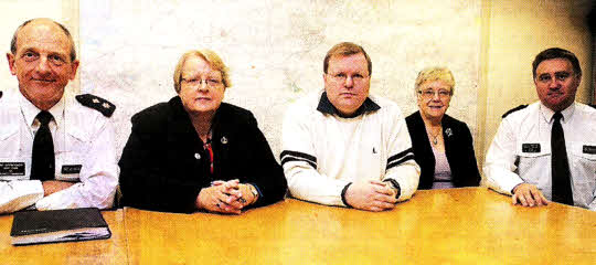 Chief Superintendent Henry Irvine, Councillor Margaret Tolerton, Jonathan Craig MLA, Gretta Mahood District Policing Partnership and Chief Inspector Darrin Jones at the meeting. US4711.105A0