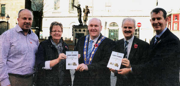 Alderman James Tinsley, Barbara Wilson (Author), Deputy Mayor Alderman William Leathem, Councillor Thomas Beckett and Edwin Poots MLA following the reprint of Barbara's book 'A Quiet Courage, the story of an Ulster Defence Greenfinch'.