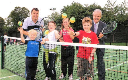 Celebrating the reopening of the tennis courts at Wallace Park are Brian Cushnie from Tennis Fundamentals; Cllr Thomas Beckett, Chairman of Lisburn City Council's Leisure Services Committee, Toby Kyle, Kaitlyn McBurney, Holly Hanna and James Corrigan.