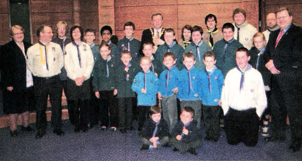 Representatives of Derriaghy Scout Group at the Civic Reception with the Mayor and Councillors Craig and Tolerton.