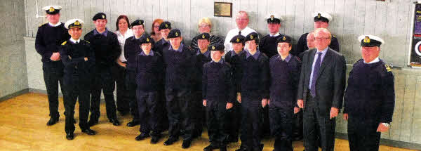 Members of the Lisburn Sea Cadets during the recent visit by Captain Mark Windsor, Royal Navy, the Captain of the Sea Cadets and the Chief Executive Officer of the Marine Society, Martin Coles.