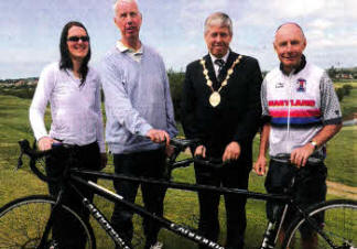 Left to right: Claire Patience (Project Co-ordinator, Lisburn in Focus), David Mann (Campaigns Team Leader, RNIB NI), The Mayor Councillor Brian Heading and Hamllton Topping (Chair, Maryland Wheelers).
