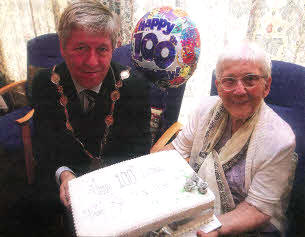 Lisburn Mayor Brian Heading pictured with Mrs Wilma Hutchinson on her 10Oth Birthday at Blaris Fold. US2211- 113AO