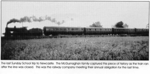 The last Sunday School trip to Newcastle. The McGurnaghan family captured this piece of history as the train ran after the line was closed. This was the railway company meeting their annual obligation for the last time.