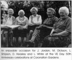 An enjoyable occasion for J. Jordan, M. Dickson, L. Simpson, D. Heasley and L. White at the VE Day 50th Anniversary celebrations at Coronation Gardens 