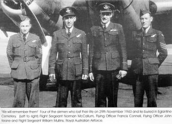 We will remember them" Four of the airmen who lost their life on 29th November 1943 and lie buried in Eglantine Cemetery. (Left to right) Flight Sergeant Norman McCallum, Flying Officer Francis Connell, Flying Officer John Keane and Flight Sergeant William Mullins; Royal Australian Airforce.