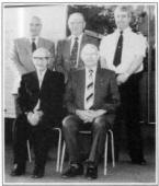 FOUR PAST AND THE PRESENT SUB OFFICER. Back Row, left to right-S. Walker, R. Russell, G. Gracey. Front, left to right--F. S. Jones, C. Whan, B.E.M.