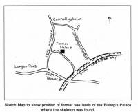 Sketch Map to show position of former see lands of the Bishop's Palace where the skeleton was found.