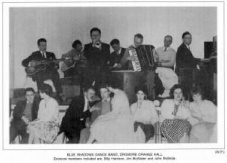 BLUE SHADOWS DANCE BAND, DROMORE ORANGE HALL. Dromore members included are, Billy Harrison, Jim McAlister and John McBride.