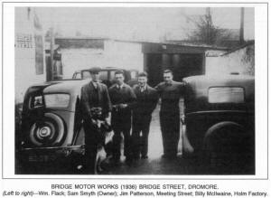 BRIDGE MOTOR WORKS (1936) BRIDGE STREET, DROMORE. (Left to right)-Wm. Flack; Sam Smyth (Owner); Jim Patterson, Meeting Street; Billy Mcllwaine, Holm Factory.