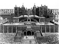 Fig. 4. Thomas Cecil's house at Wimbledon, drawn in 1678, and broadly contemporary with Lisburn Castle Gardens. The illustration depicts several styles of perrons.