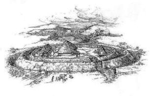 Fig 2. Conjectural reconstruction of a double-banked ringfort (drawn by D. Crone).