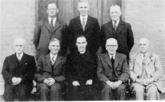 William Thompson, Samuel Patterson, Robert Mackey, James Tweedie, Isaac McCready, Rev. H. Moore, S. J. Duffy (Clerk), James McCormick. Circa 1955.