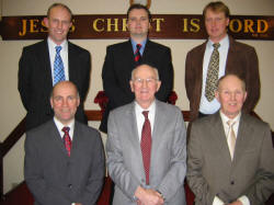 Culcavey Hall Assembly elders and leaders L to R: (front row) Jim Topping - Elder, Tom Patterson - Elder and John Patterson - Secretary.  (back row) Adrian Whitten - Children’s Meeting, William Cromie - Sunday School and Michael Millar - Holiday Bible Week.