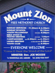 The notice board at Mount Zion Free Methodist Church, Lisburn.