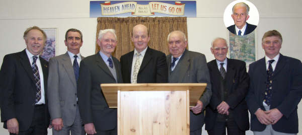 Pictured in March 2009 are Tansy Mission Hall committee members L to R: David Elwood (Secretary), Cecil Crangle, Edward Thompson (Treasurer), Mervyn Camlin, Harper Kirkpatrick, Albert Harris,  Fred Collins (Chairman) and James McLernon (inset).