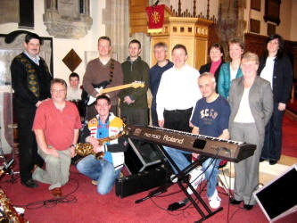 Some of the musicians and vocalists that lead the praise at Lisburn Cathedral.  Pictured L to R are:  Michael Heaney, Michael Wright - Percussion, Jonathan Irvine - Guitar, Philip McConnell, Tim Webb, Des Henry, David Brattle - Keyboards, Francis Jess, Rosemary Irvine, Jean Craig and Jo-Anne Irwin.  (kneeling at front)  Frank Bailie - Music Co-ordinator and Jason Parker - Saxophone.  Missing from the photo:  Edward Craig - Organist.