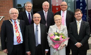 At the launch of the new Lisburn City Elim Church Complex in September 2009 are L to R: (front row) Councillor Allan Ewart (Mayor), Pastor Norman Christie, Mrs Doreen Christie and Lagan Valley MP, Jeffrey Donaldson MLA.  (back row) William Shannon (Architect), Pastor Eric McComb and Pastor John Glass. 