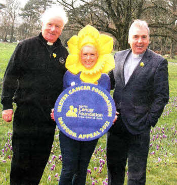 Sunshine Suzi Mcliwain (UCF) meets Father Dermot McCaughan from St. Patrick's Church and Reverend Paul Jamieson from Hillhall Presbyterian Church, Lisburn, to show support for the 2012 Daffodil Appeal.