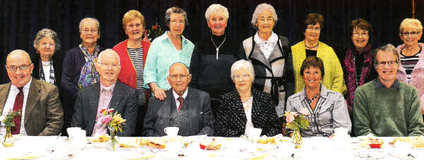 At the 'Spring Tea' prior to evening worship in Railway Street Presbyterian Church are L to R: (front row) Rev Douglas Mark (Pastoral Assistant), Rev Brian Gibson, Very Rev Dr Howard Cromie (Minister Emeritus), Mrs Kathleen Cromie, Mrs Jean Gibson and Roger Thompson (Clerk of Session). (back row) Friendship Visitors - Laura Mulholland, Gladys Brown, Anna Toombs, Edith McConnell, Pat Hanna, Pat Kennedy, Dorothy McClelland, Vera Watson and Joan Kane.