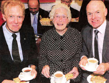 Letty Mulholland, former Caretaker for about 30 years (1955-1985 approx) enjoying a cup of tea with her sons Stephen (left) and Leslie (right). Letty's late husband Samuel was the Church sexton; they once had the privilege of serving as People's and Rector's Churchwardens in the same year.