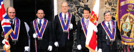 Magheragall District Royal Arch Purple Chapter No 9 Colour Party who led the procession. L to R: Bros - Peter Simpson, William Hobson, John Gray, Samuel Gordon and William Dougherty