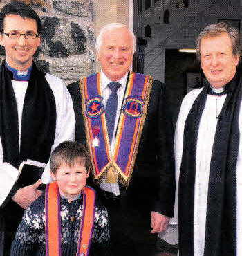Bro Rev Stanley Gamble (District Chaplain - lisburn RAPC No 6) the preacher at the service and the Rev Nicholas Dark (Magheragall Rector) who led the service. Included are Stanley's father, also called Stanley, a Past District Master of Lisburn RAPC No 6 and his grandson Joel Dawson.