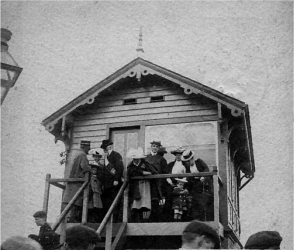 A rare picture of Glenavy signal box on the morning of 12th July, 1902 as the Orangemen leave for their demonstration in Hillsborough. Dr. Mussen is standing in front of the door (with beard).