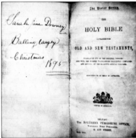 Sarah Jane Downey's Bible showing an inscription dated Christmas 1895.