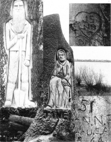 The Jane and Robert Cardwell tree sculptures on Ram's Island with other inscriptions from trees nearby made during the Second World War period.