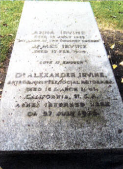 The grave of Dr. Alexander Irvine and his parents James and Anna who were from the Crumlin area. The words "My Lady of the Chimney Corner' and "Love is Enough" are to be found in the inscription on the memorial stone.