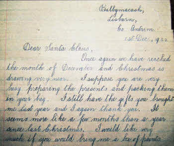 Part of the letter to Santa Claus written on the 1st December 1932 by a former Ballymacash Primary School pupil, Saidie Hunter.