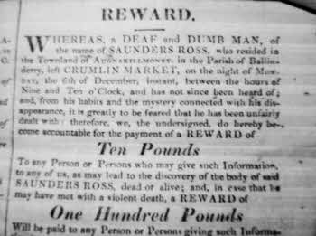 Part of a newspaper cutting used to rebind the old 19th century bible making reference to a reward for information relating to the disappearance of Saunders Ross in December 1830.