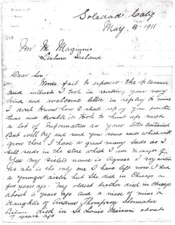 1911 letter to Lisburn from an exile.